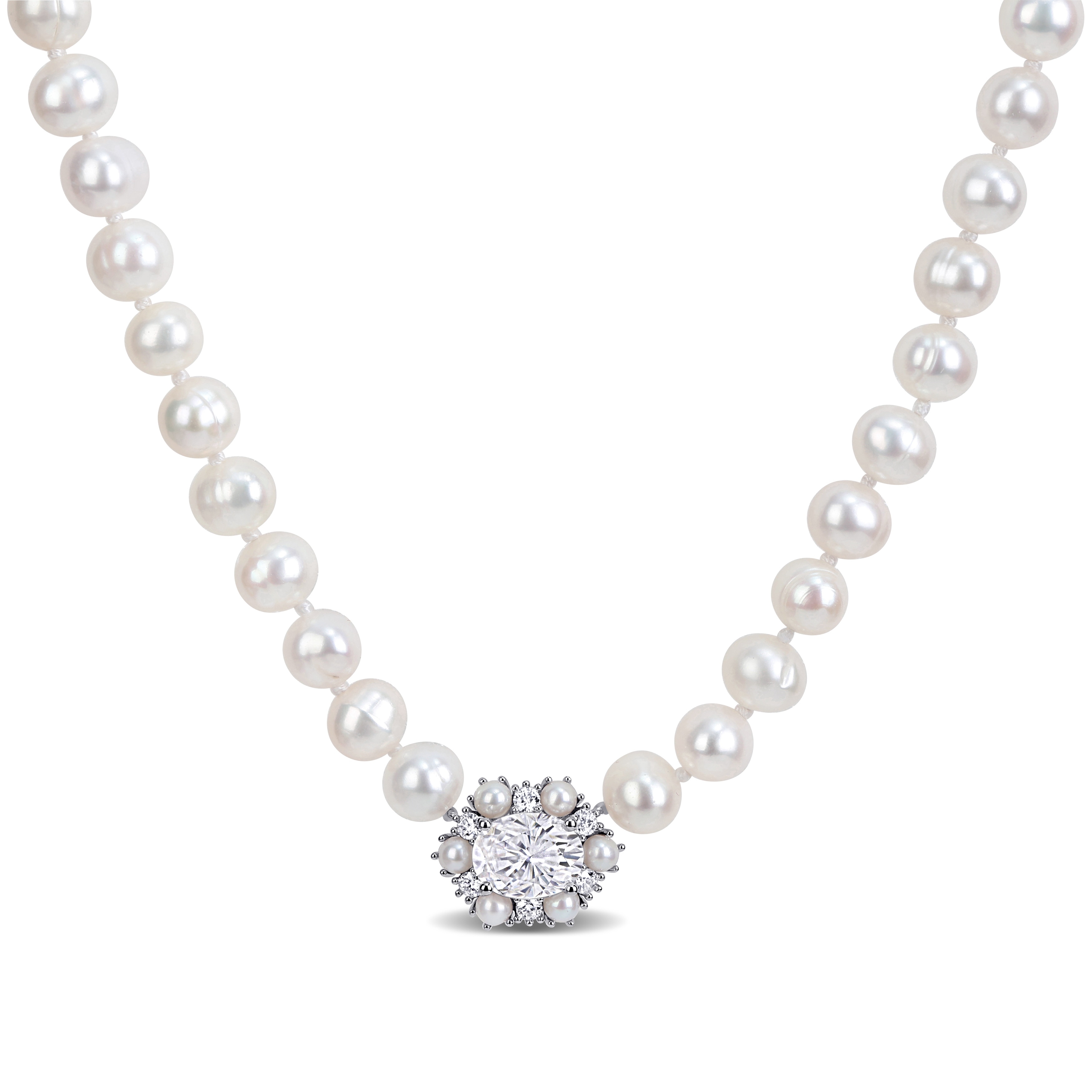 Miadora Cultured Freshwater Pearl and Lab Created Moissanite Necklace in Sterling Silver (2 1/4 ct. dew.)