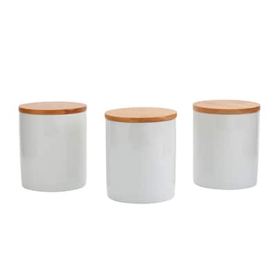Set of 3 Bamboo & Ceramic Canister Set - White