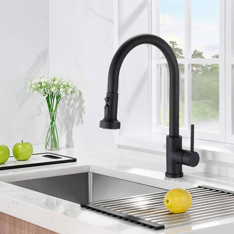 Single Handle Deck Mounted High Arc Pull Down Kitchen Faucet with Sprayer - Matte Black