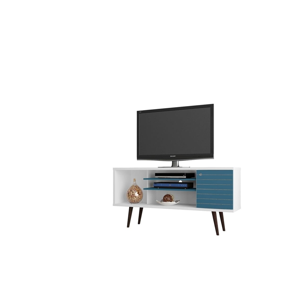 53.14-inch Mid-Century Modern TV Stand with 5 Shelves, 1 Door and Solid Wood Legs