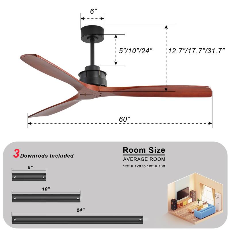 60 Inch Solid Wood Ceiling Fan with Light and Remote, Reverse Functions, Integrated Light Optional