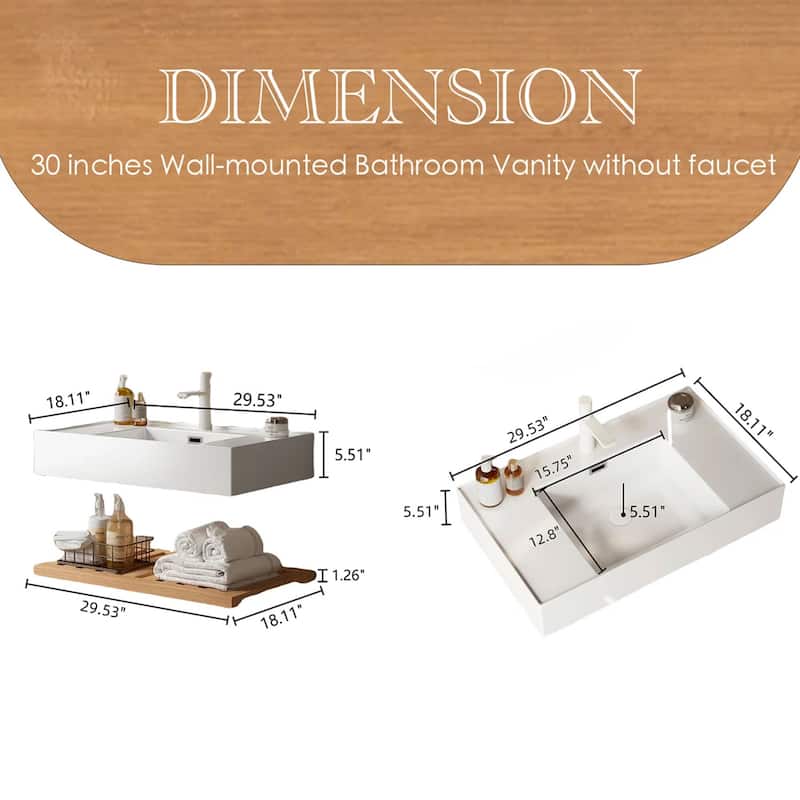 Wall-Mounted Bathroom Vanity in Natural Wood with White Integrated Acrylic Sink