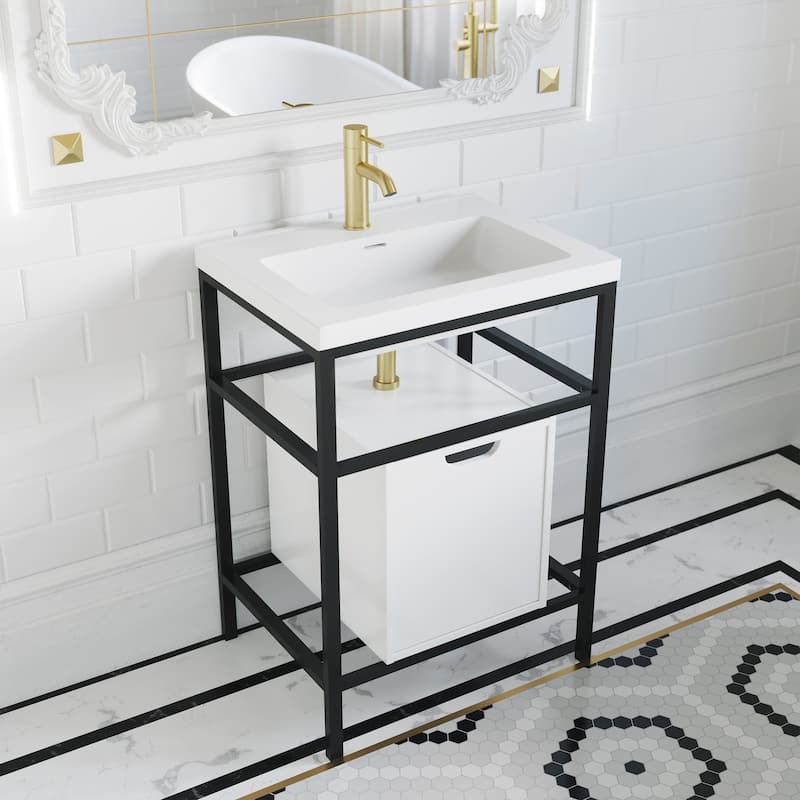 Ivy 24" Freestanding Bathroom Vanity in Glossy White with Matte Black Frame﻿