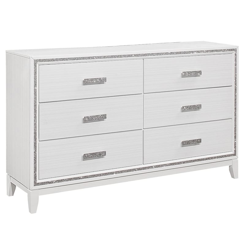 HomeRoots 63" White And Silver Faux Crystal Bling Wood Six Drawer Double Dresser