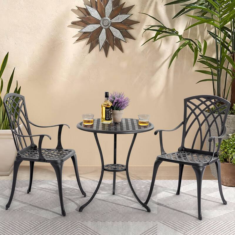 24 Inch Cast Aluminum Bistro Table with Umbrella Hole and 2 Bistro Chairs