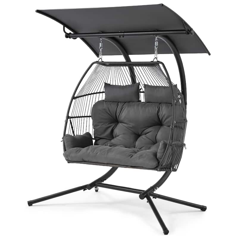 Double Hanging Egg Chair with Adjustable Canopy - Outdoor Swing Chair with Stand, Cushions & Pillows - Wicker Rattan Hammock.