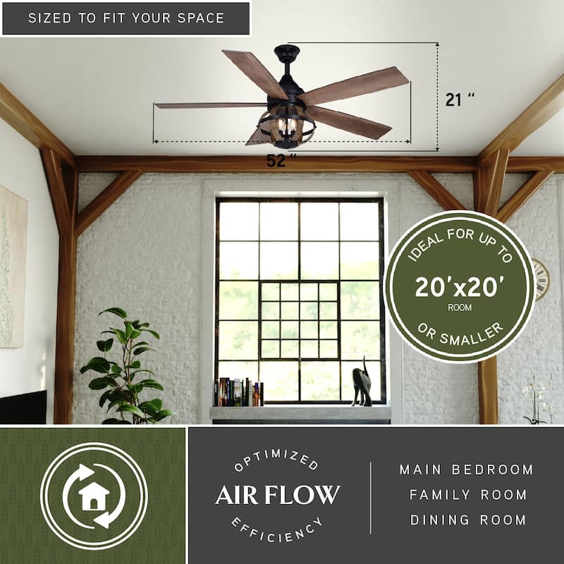 Huron Black and Burnished Teak Farmhouse Indoor Ceiling Fan with LED Cage Light Kit and Remote - 52-in W x 21-in H x 52-in D