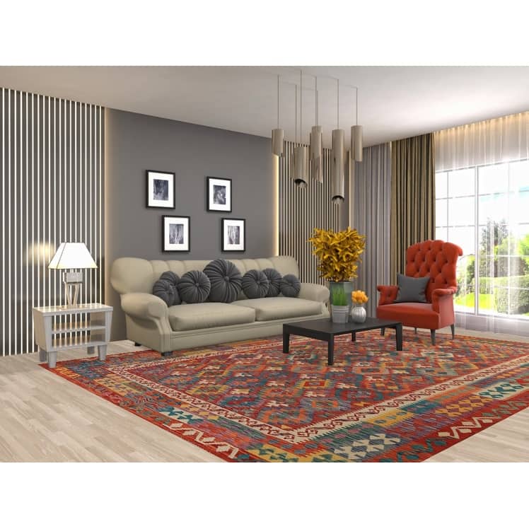 Geometric Kilim Area Rug Hand-Woven Orange Wool Carpet - 8'7"x 11'5"