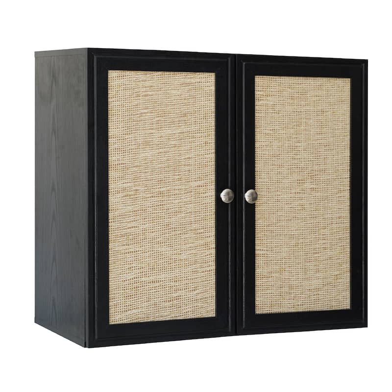 Rattan Wall Cabinets with Adjustable Shelf & LED Light - Black