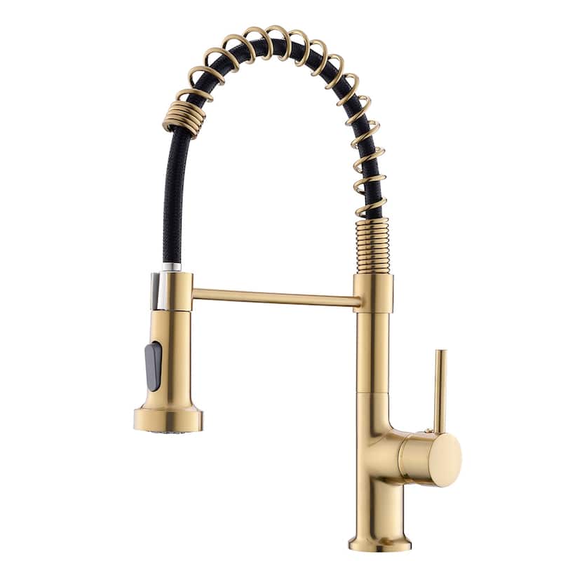 Single Handle Commercial Kitchen Sink Faucet With Pull Down Sprayer Modern Spring Single Hole Basin Taps Brushed Gold - Brushed Gold