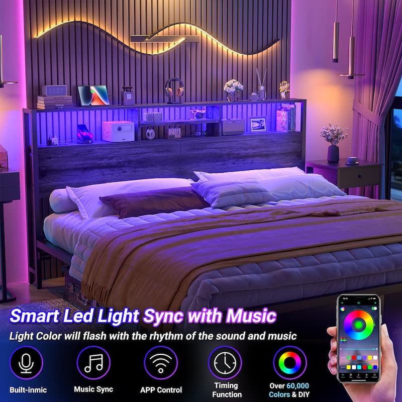 Headboard with Storage and Charge Station, Platform Bed Heaboard with LED Lights