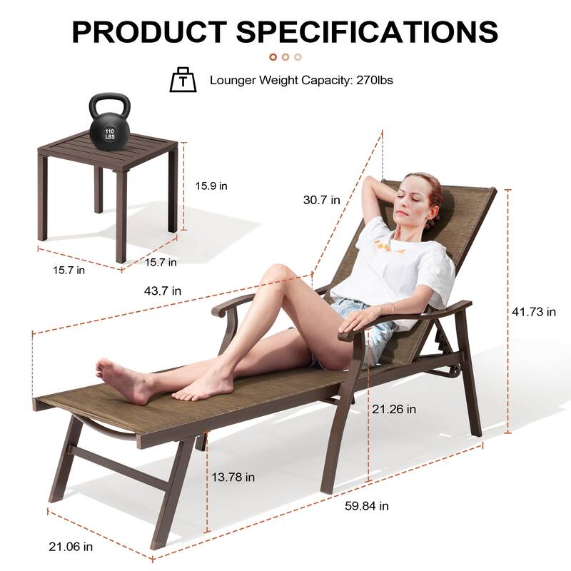 3-Piece Chaise Lounge Set Adjustable Patio Chaise Lounge with Side Table