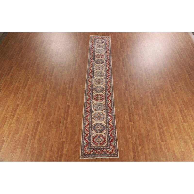 Geometric Kazak Runner Rug Handmade Beige Wool Carpet - 2'7" x 15'6"