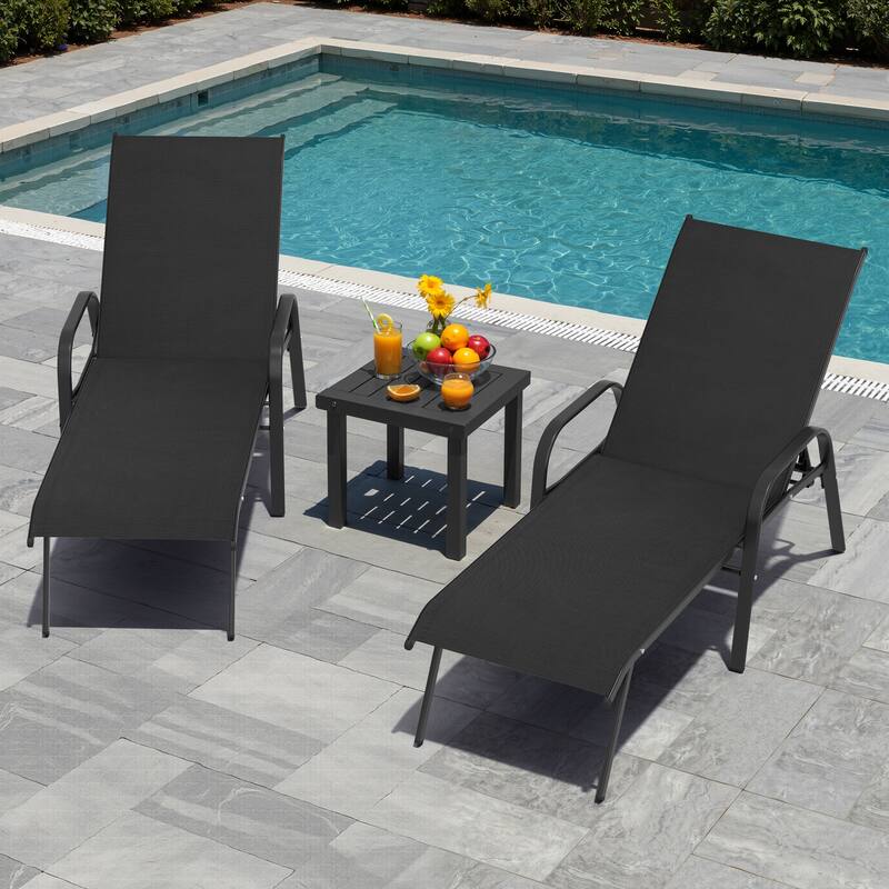Outdoor Patio Adjustable Back Chaise Lounges Chairs with Arms(Set of 2 ) - Black