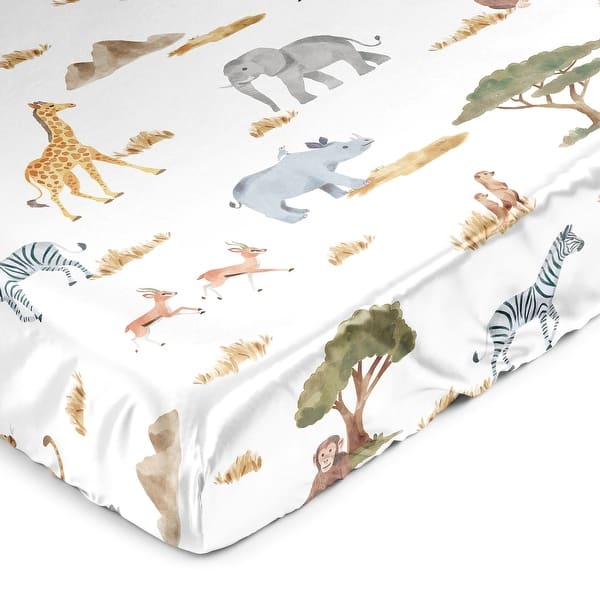 slide 2 of 6, Sweet Jojo Designs Jungle Animals Boy Girl Gender Neutral Satin Fitted Crib Sheet Boho Wildlife Safari Elephants Giraffe Lion