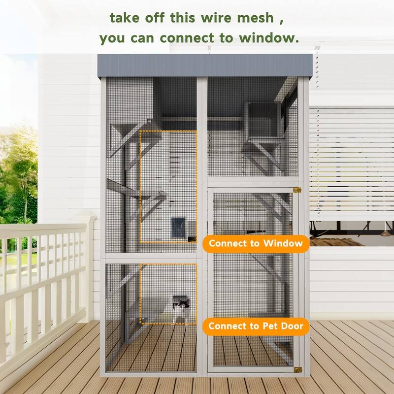 70.5"H Wood Catio Outdoor Cat Enclosure, Cat House Large Solid Wood Cage Playpen with 2 Napping Houses, Movable Tarp Cover
