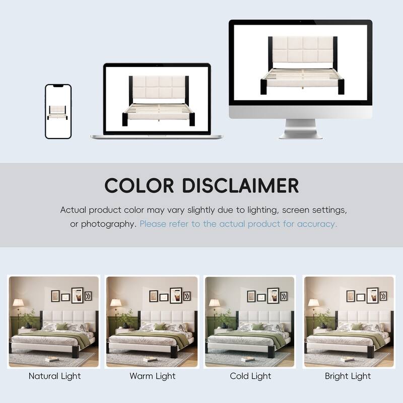 Roomfitters Queen Boucle Platform Bed Frame with Square-Stitched Headboard, Upholstered Mid-Century Modern Mattress Base, Beige