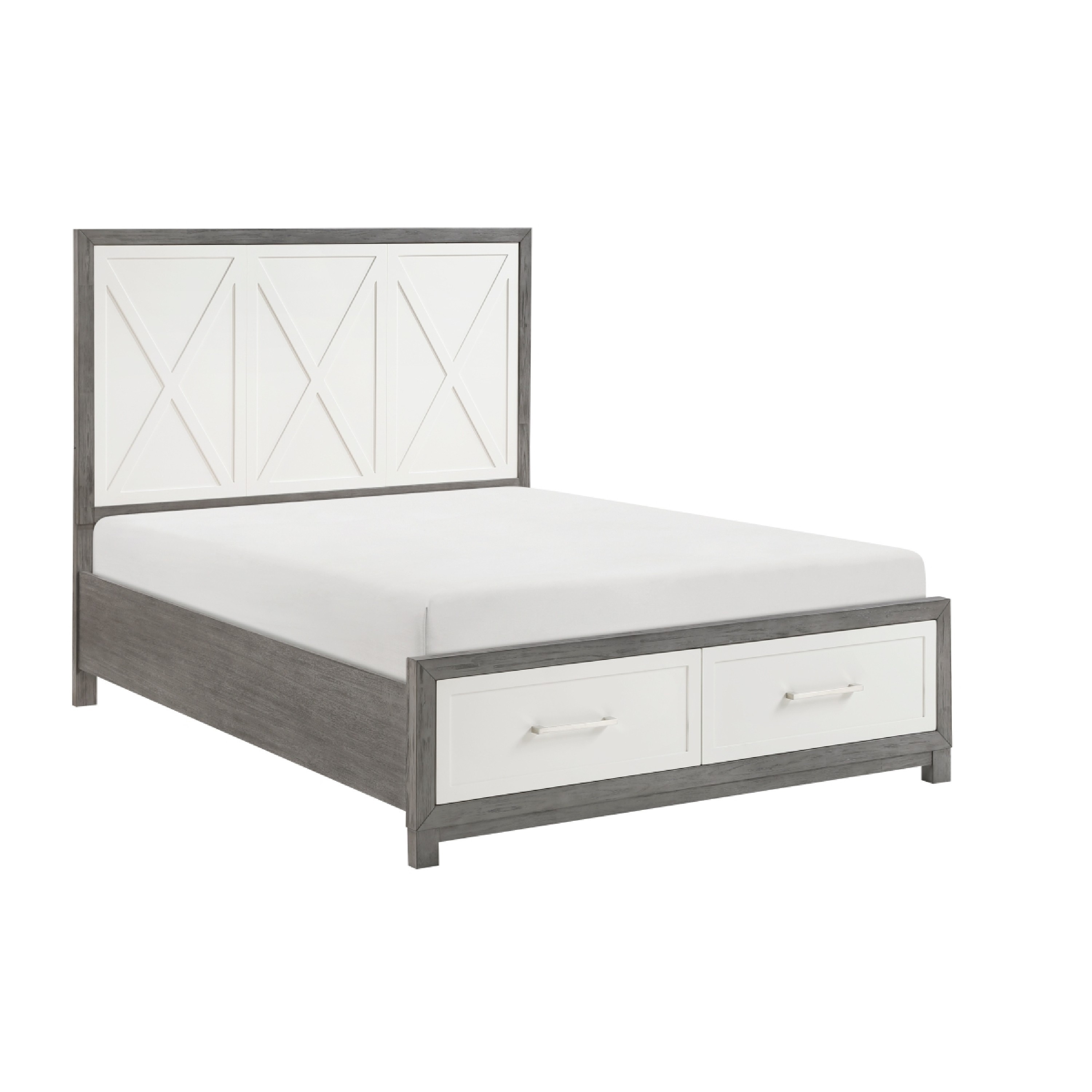Owan Full Bed, 2 Drawer Footboard Storage, Modern Panel Gray and Ivory