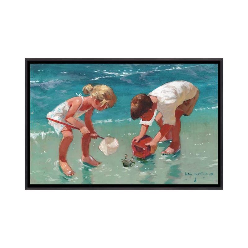 iCanvas "Kids And Crab" by John Haskins Framed - Ebony - 32x48