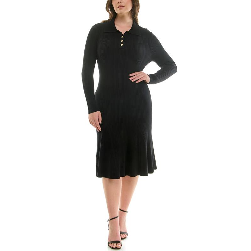 Nanette Lepore Ribbed Knit Polo Midi Dress with Long Sleeves