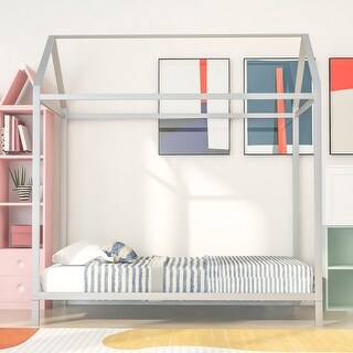 Metal Silver Twin Size House Bed Frame for Kids