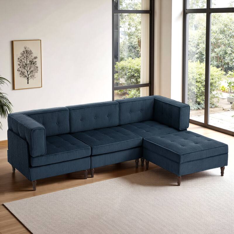 UIXE 4 - Piece Corduroy Sectional Sofa with Flip-Top Storage Ottoman Coffee Table - Navy