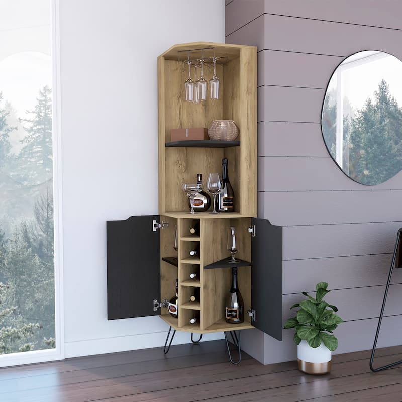 FM Furniture Grace Corner Bar Cabinet with 6 Wine Racks, 4 Shelves with Door, Cup Rack