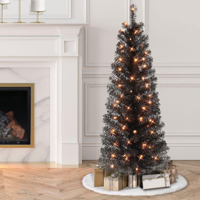 Puleo International 4.5 ft. Pre-lit Black Tinsel Tree - 4.5 Foot
