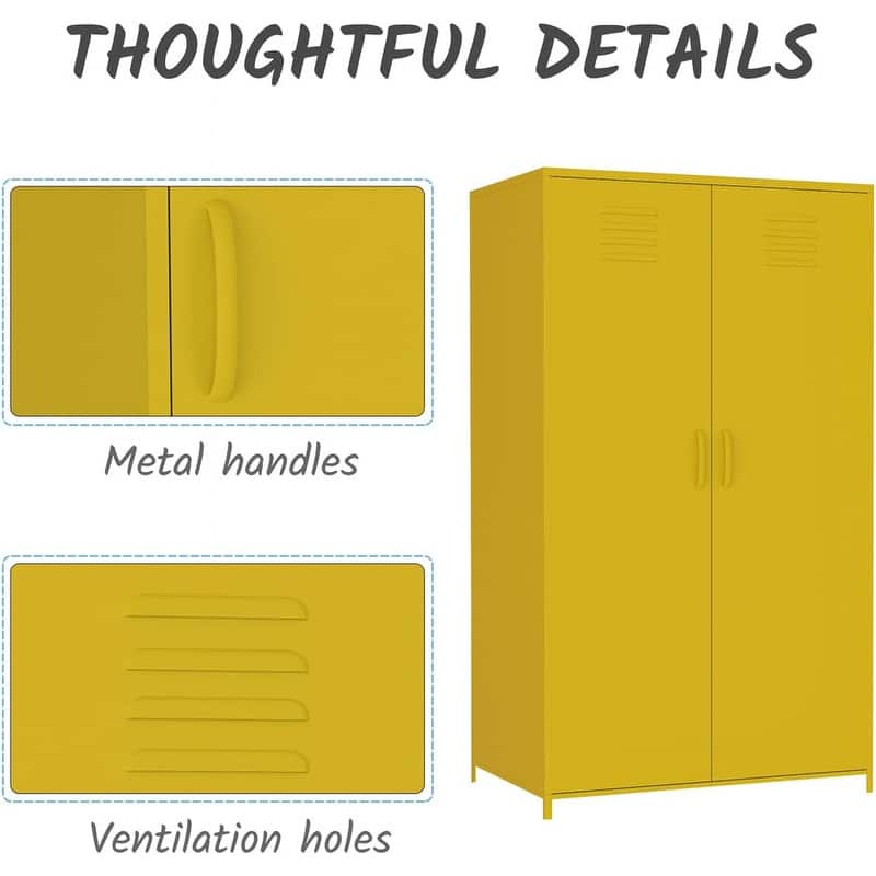 Double Doors Metal Locker Cabinet Storage with Hanging Rod and Shelves for Bedroom School Classroom