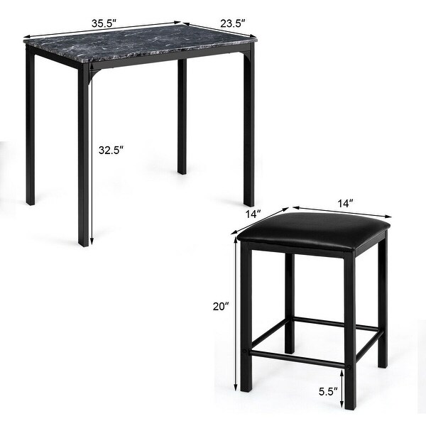 3 Piece Counter Height Dining Set Faux Marble Table - 35.5" x 23.5" x 32.5" (L x W x H)