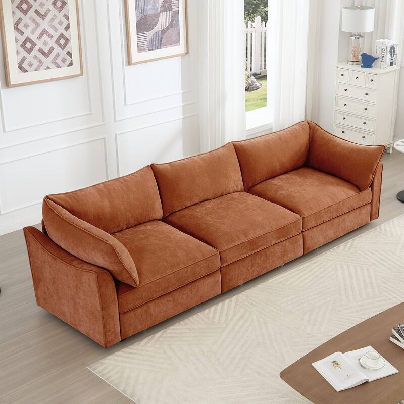 112" Oversized Chenille Modular Sectional Sofa with Pull-Out Storage Drawers, Modern 3-Seater Upholstered Couch for Living Room - Orange
