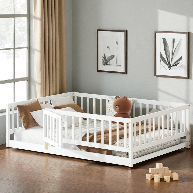 Twin/Full Montessori Floor Bed with Slats, Fence and Door, Wood Low Kids Bed for Girls and Boys, No Box Spring Needed - White - Full