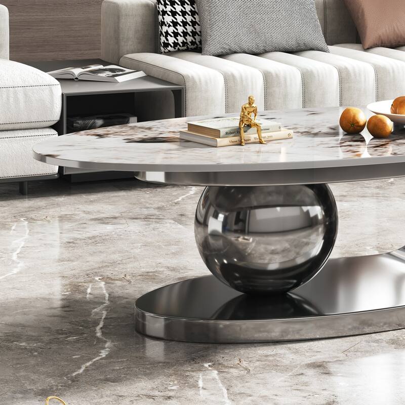 Exquisite Oval Faux Marble Coffee Table with Sturdy Stainless Steel Base for Living Room