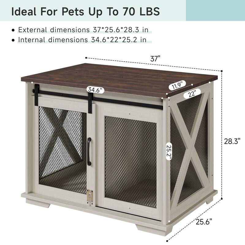 Dog Crate Furniture with Sliding Barn Door,Flip Top Furniture Style Dog Crate End Table with Wheels