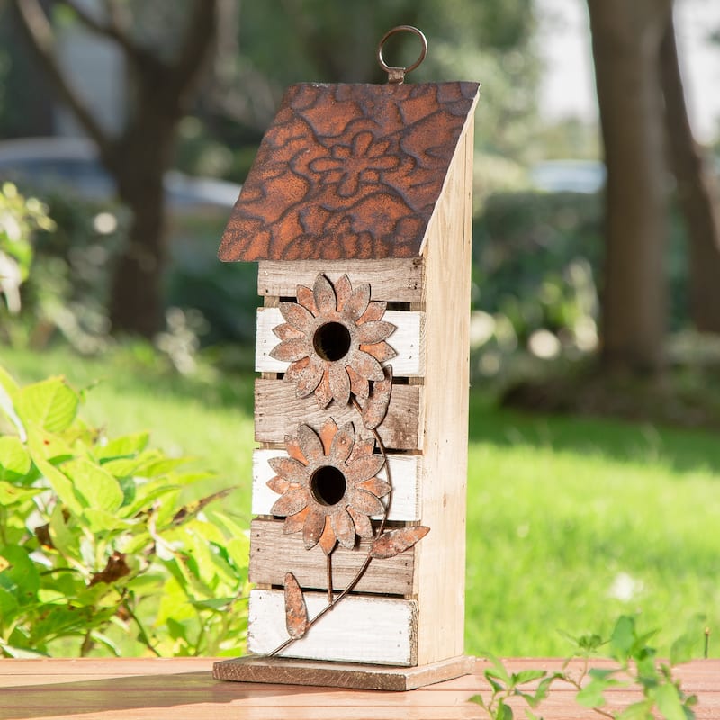 Glitzhome 14.5"H Two-Tiered Distressed Solid Wood Cottage Birdhouse with Flowers - 14.5"
