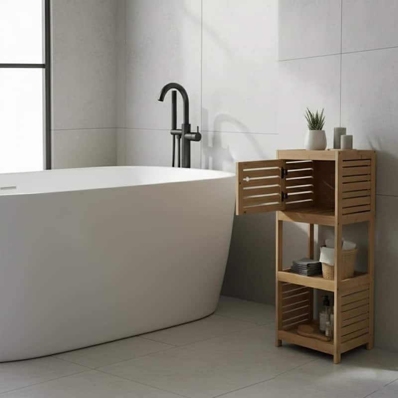 Compact Bathroom Storage Cabinet with Open Shelves and Vented Door, Natural - Trinidad Collection - 24.8"L x 9"W x 70.5"H