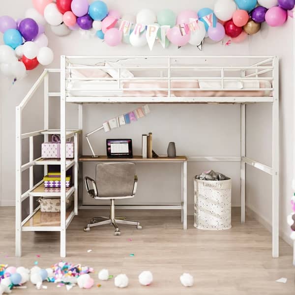 slide 2 of 22, Modern Full Size Loft Bed with Desk and Lateral Storage Ladder,Solid Construction for Bedroom White