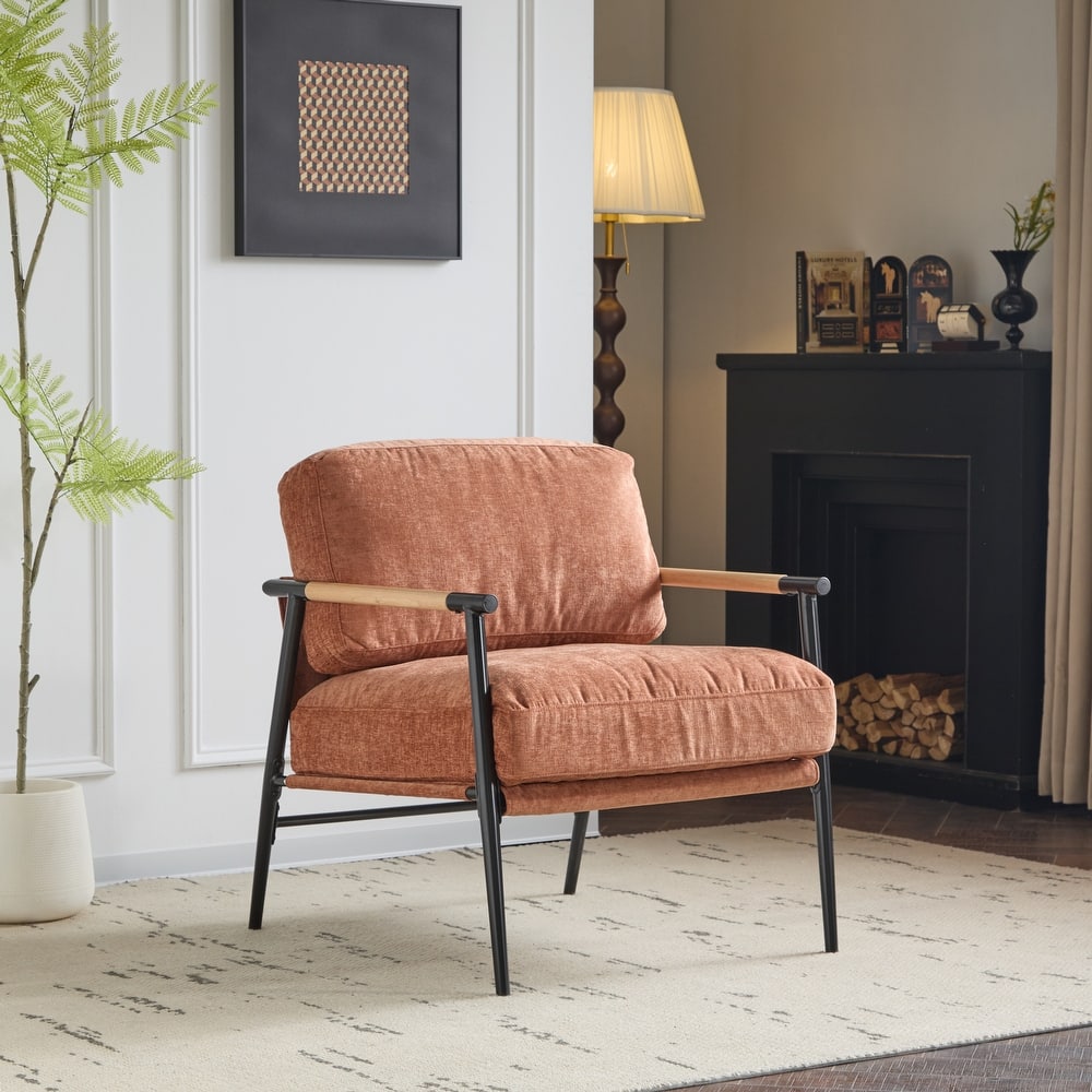 27.56" Modern Accent Chair w/ Plush Cushions & Minimalist Metal Frame & Wooden Armrest Design