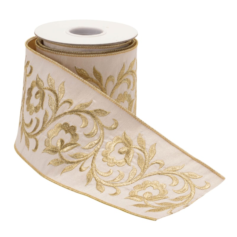 White Gold Embroidered Leaf Wired Ribbon 4 Inch x 5 Yards - 4" x 5 Yds.