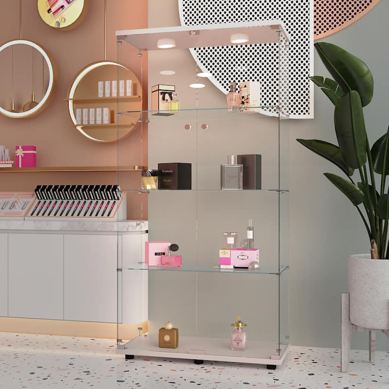 Tempered Glass Display Cabinet w/Multi-Color LED Lights, Door Lock & Adjustable Floor Feet for Flexible Placement