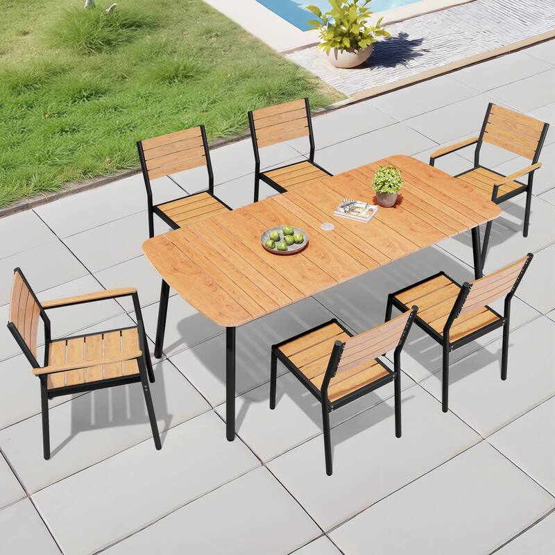 Outdoor 7/9-Piece Patio Dining Set Rectangular Dining Table with Stackable Chairs
