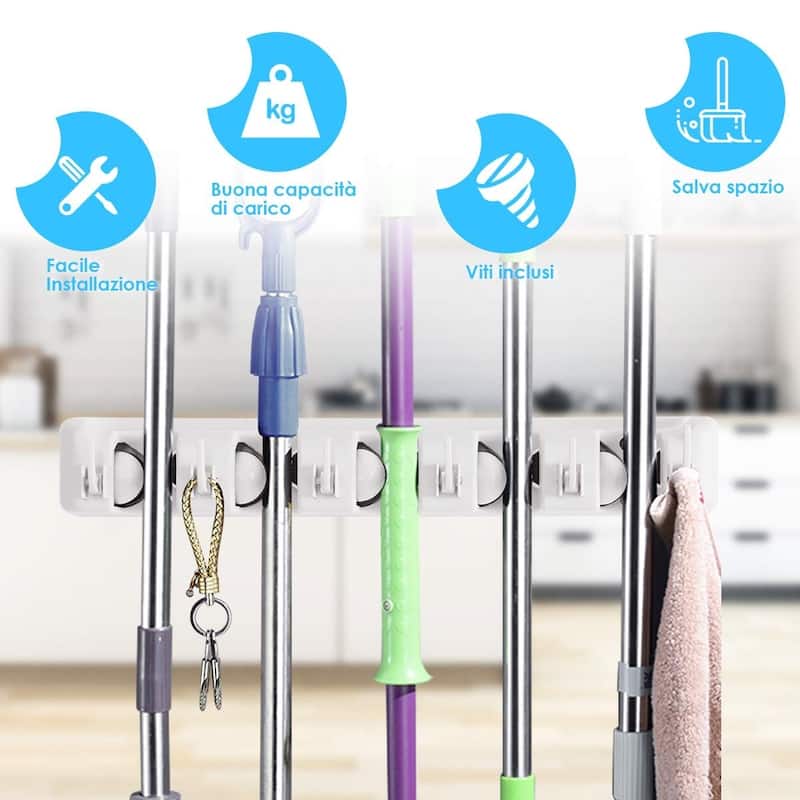 Wall Mounted Broom Mop Holder with 5 Slots and 6 Hooks ABS Organizer for Garage Kitchen Laundry