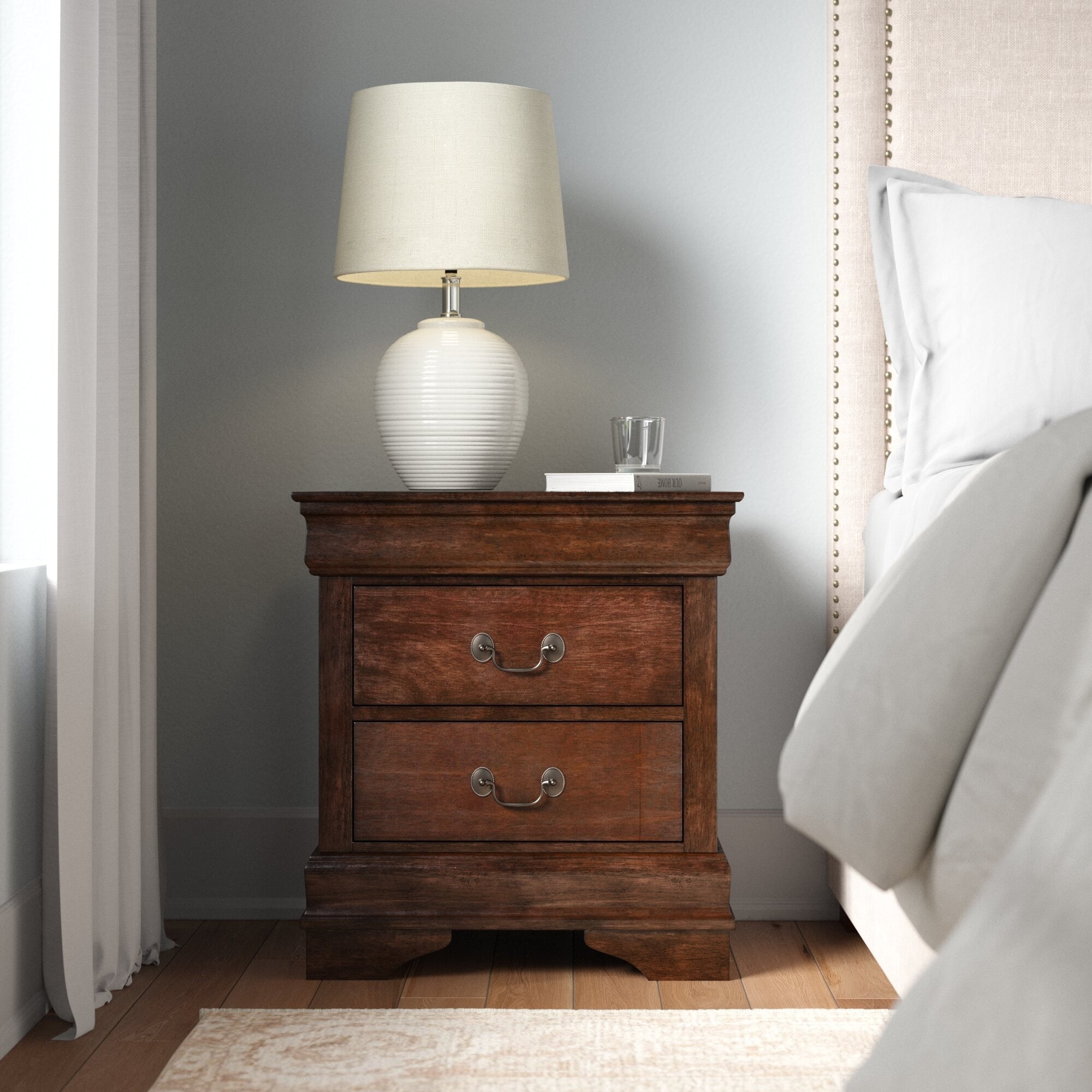 Traditional Wooden Nightstand, Bedside Decorative Table with Antique Nickle Handles Drawers, Side Table with Wooden Countertops