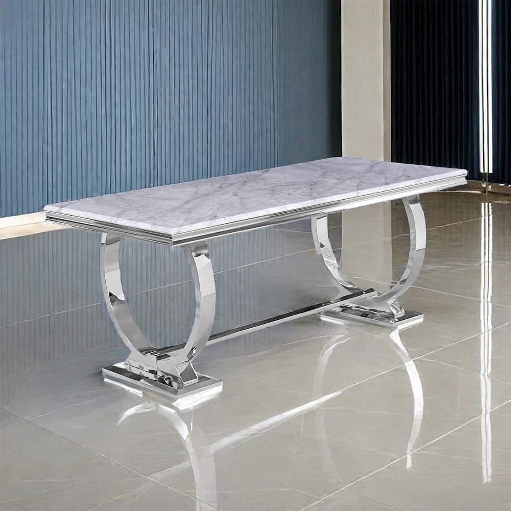 72 inch Rectangle Dining Room Table with Mirror Silver Double Circle Pedestal