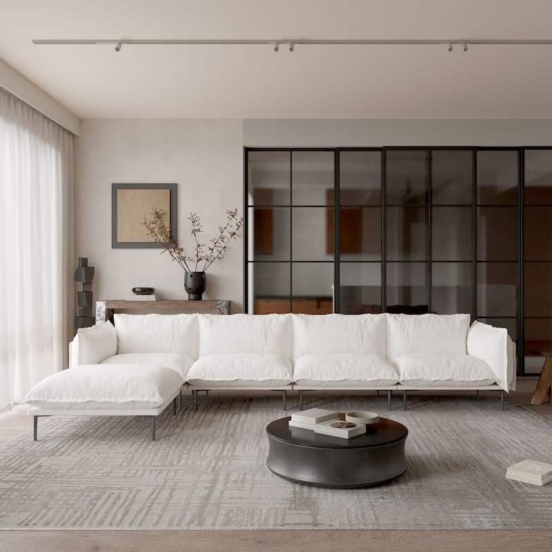 Modern Minimalist Upholstered Couches, 147" 4-Seater Cloud Modular Sectional Sofa with 2 Ottoman,U Shaped Couch for Living Room - L shaped(4 seats+1ottoman)beige