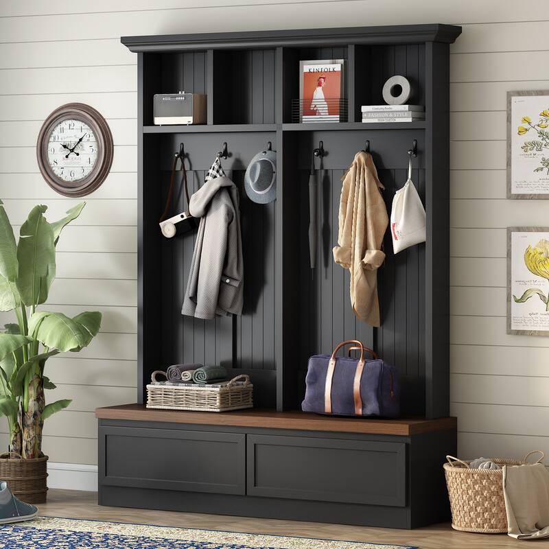 4-in-1 Hall Tree with Wood Grain Bench