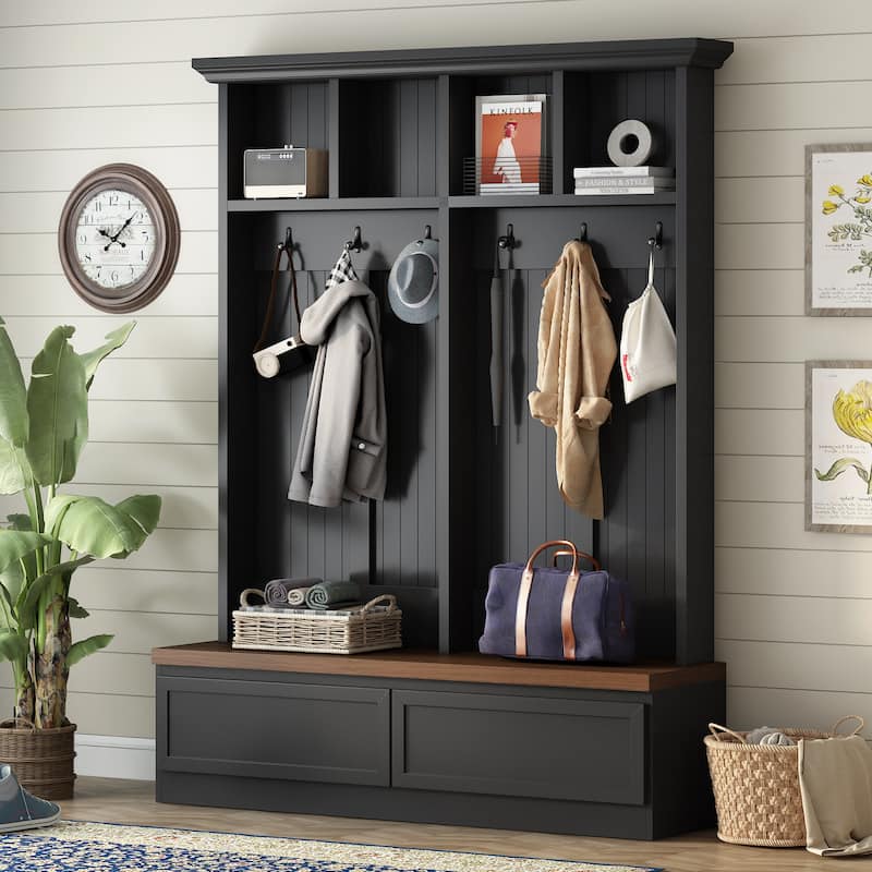 Farmhouse Style 4-in-1 Hall Tree – Wood Grain Bench with Coat Rack & 2 Large Drawers – Mudroom & Entryway Organizer‌