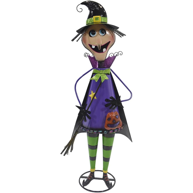 Haunted Hill Farm 42-In. Iron Witch Holding a Jack-O-Lantern with Removable Yard Stake