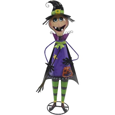Haunted Hill Farm 42-In. Iron Witch Holding a Jack-O-Lantern with Removable Yard Stake