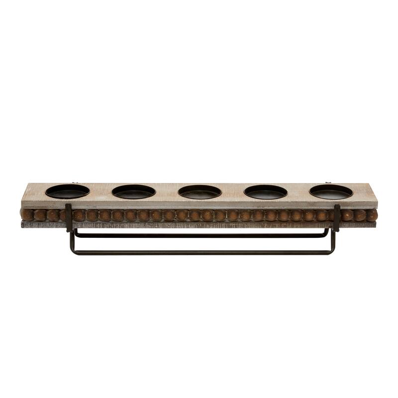Wooden Beaded Pillar 5 Plate Candelabra - Brown - Roche River Decor - 5"W x 24"L x 4"H